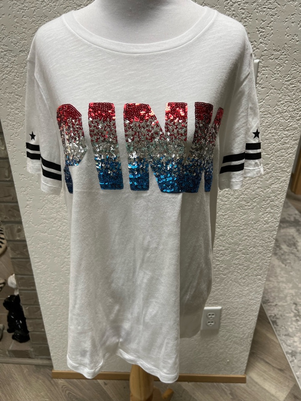 Victoria’s Secret Pink Red White & Blue America Multi Sequin Short Sleeve Tee